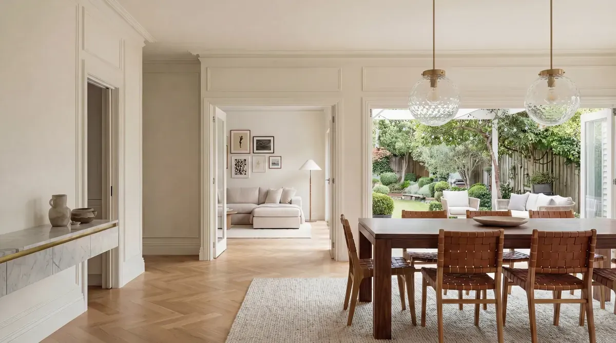 Heritage Melbourne dining room with herringbone oak floors, wainscoting, marble fireplace and garden views