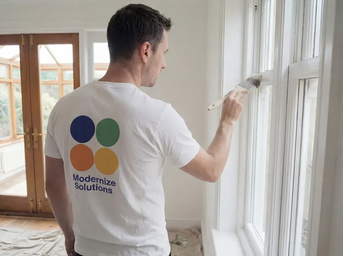 Modernize Solutions painter painting a white timber window frame on a Melbourne home
