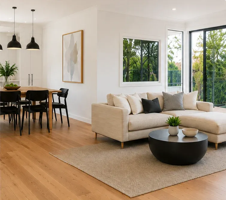 Freshly painted open-plan living and dining room in a Melbourne home
