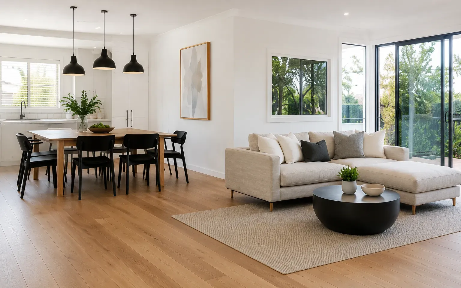 Open-plan living and dining room freshly painted by Melbourne house painters