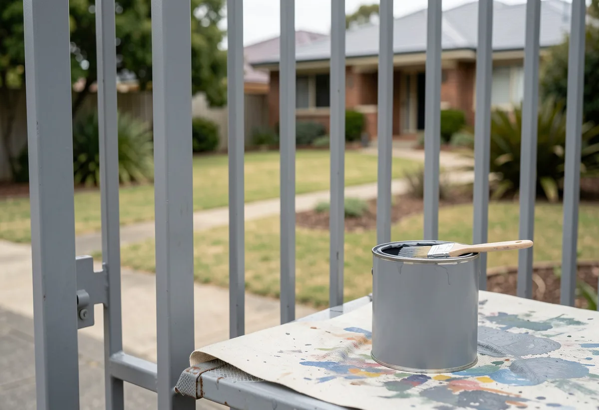 Steel gate freshly coated in grey etch primer, tin of primer with brush resting across it on a paint-splattered drop sheet.