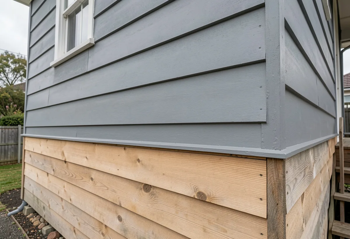 Timber weatherboards part-coated in grey primer with a cutting brush resting on an open primer tin beside them.