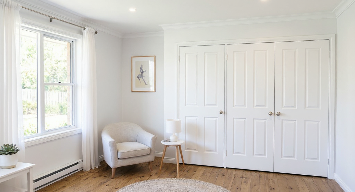 Beautifully painted Melbourne bedroom with white walls, timber flooring, and natural light