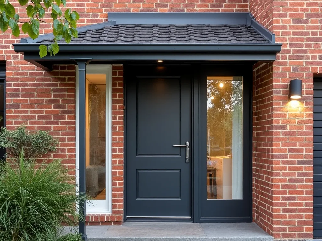 A Melbourne brick veneer home entrance with a freshly painted charcoal front door and white trim, brick left natural.