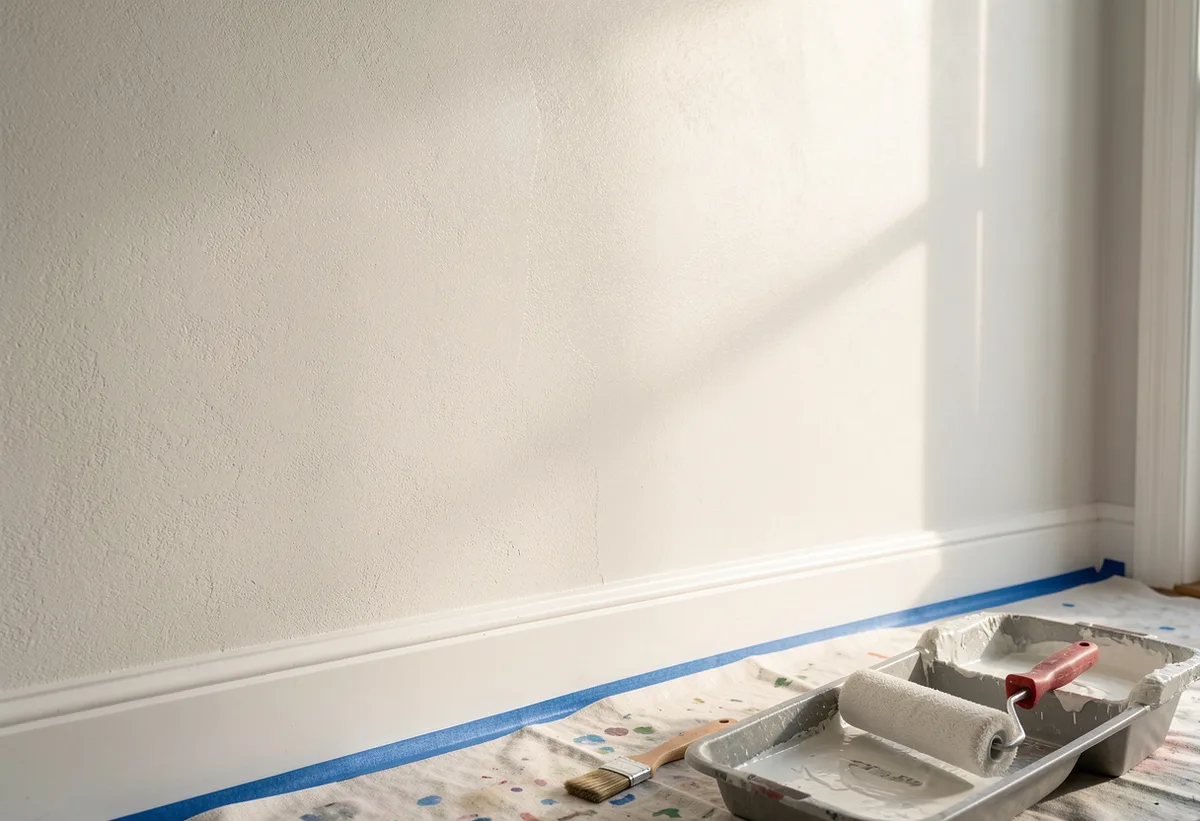 Paint roller in a tray and cutting-in brush resting on a drop sheet beside a freshly rolled wall.