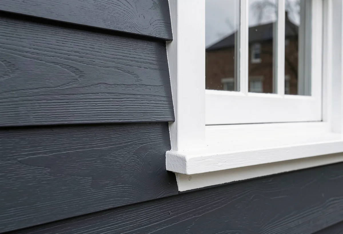 Close-up of matte charcoal painted weatherboards meeting a crisp white window frame on a Melbourne period home.