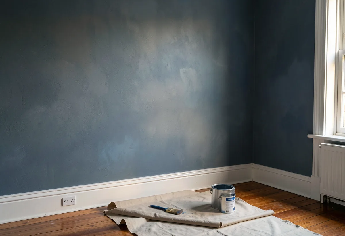 A living room wall painted in a deep coastal grey-blue with subtle tonal movement, white skirting and hardwood floors, a paint tin and brush resting on a drop sheet.