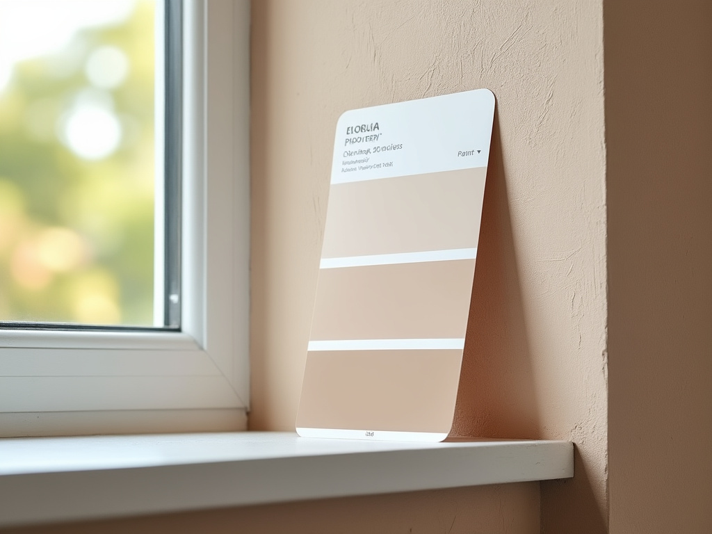 A paint colour swatch card leaning against a freshly painted living room wall.