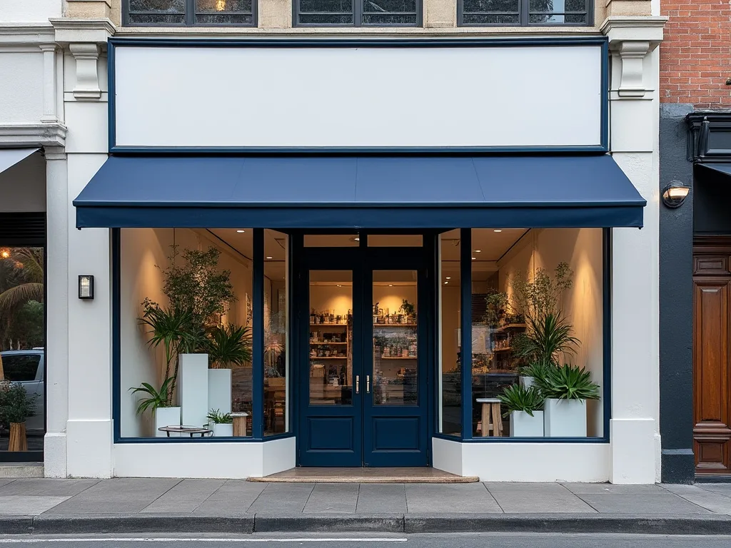 A freshly painted retail shopfront on a Melbourne shopping strip, deep navy fascia and trim against white render.