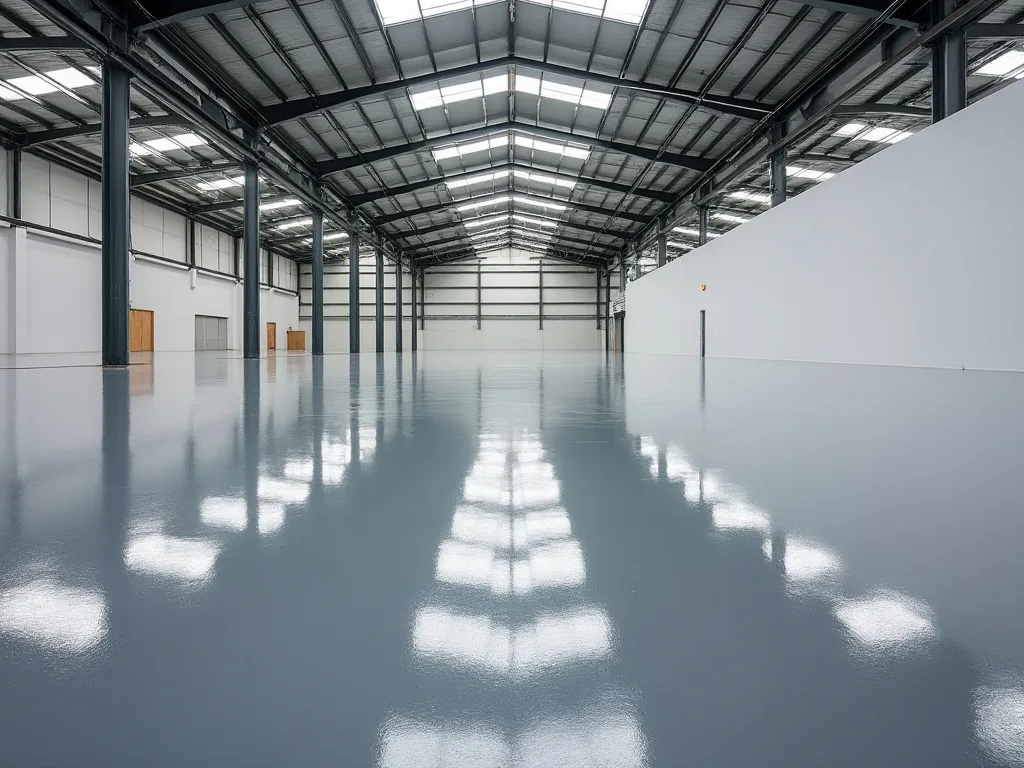A freshly coated warehouse floor in Melbourne, glossy epoxy finish reflecting the overhead skylights.