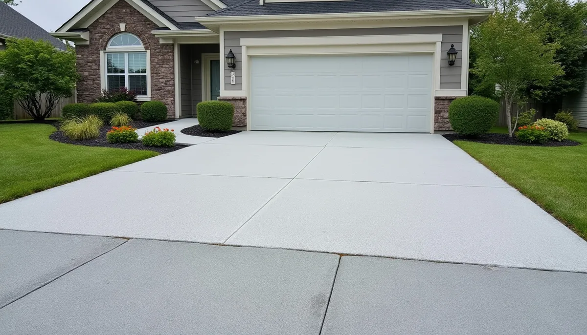 A bare concrete driveway being prepared before painting, visible etching primer coat applied in sections, natural daylight, no people or equipment in frame.