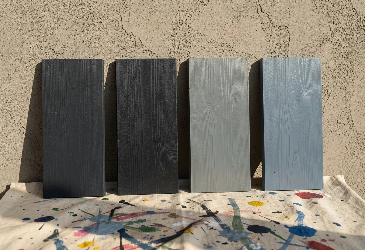 Four weatherboard offcuts painted in charcoal, warm black, mid grey and blue-grey propped against a rendered wall.