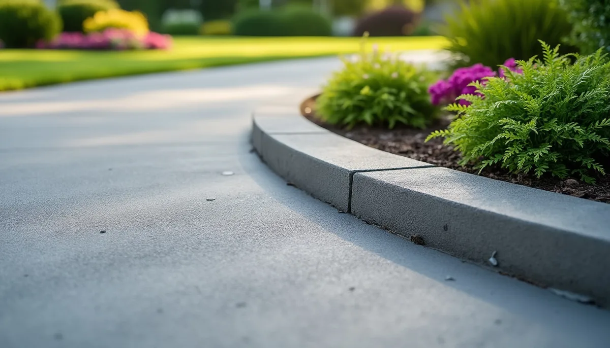 Close-up view of a driveway coating edge meeting a garden bed, textured finish, natural daylight, no vehicles or people in frame.