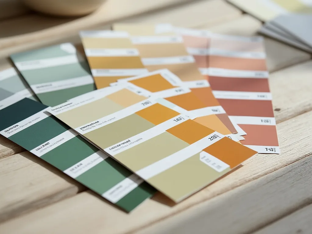 A close-up of individual paint colour chart cards spread out on a timber table.
