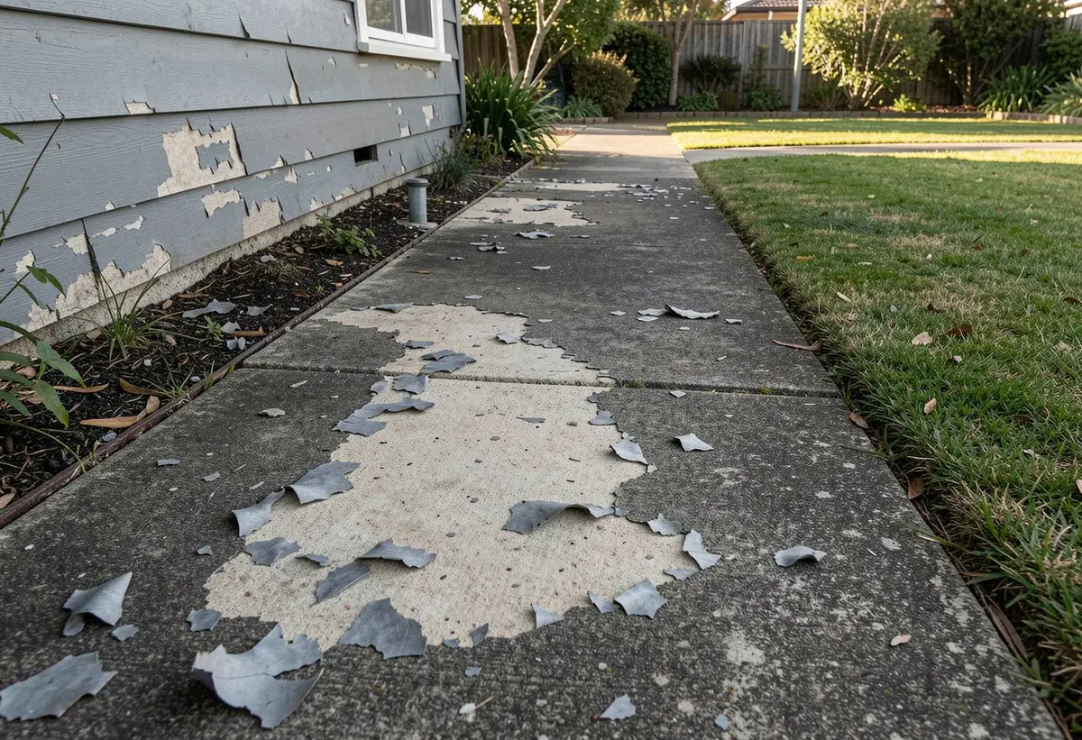 Old painted concrete path with grey paint flaking and peeling in large patches, exposing bare concrete beneath.