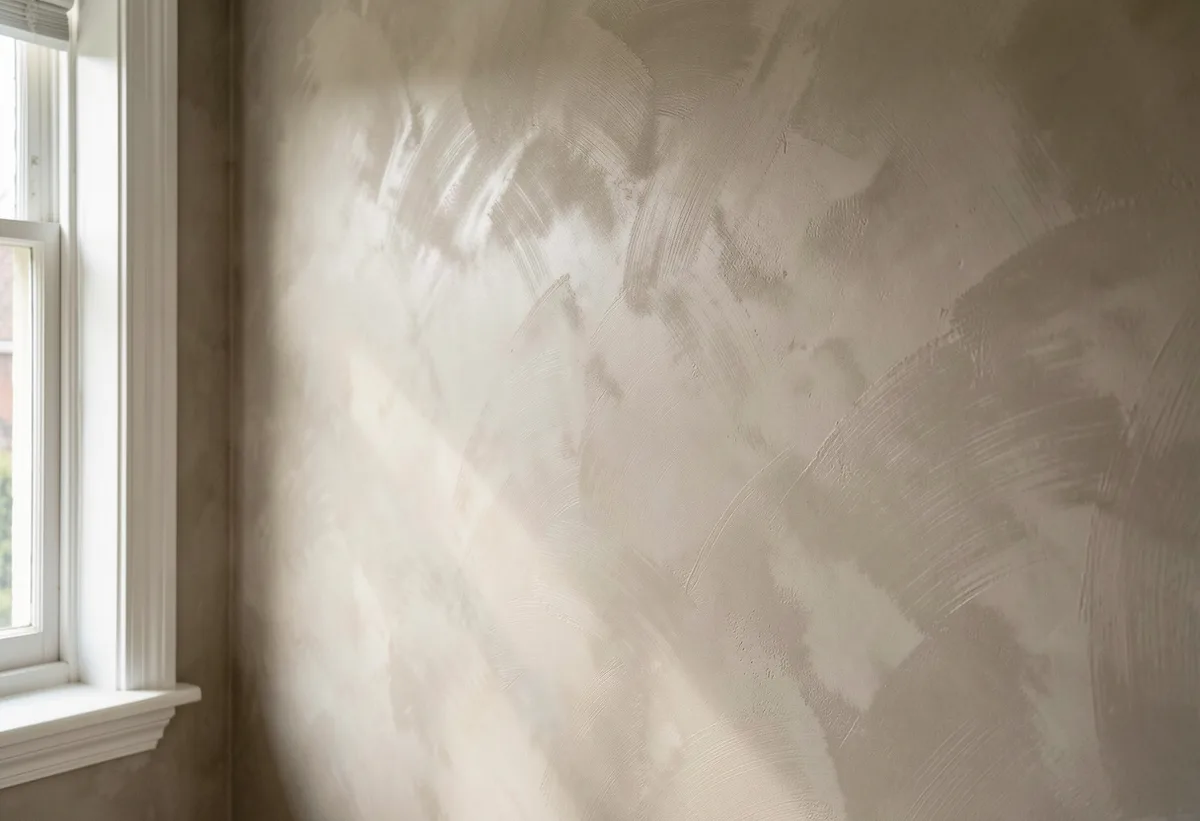Close-up of a plaster wall in a soft stone-grey French wash finish showing cloudy cross-hatched brush movement in raking window light.