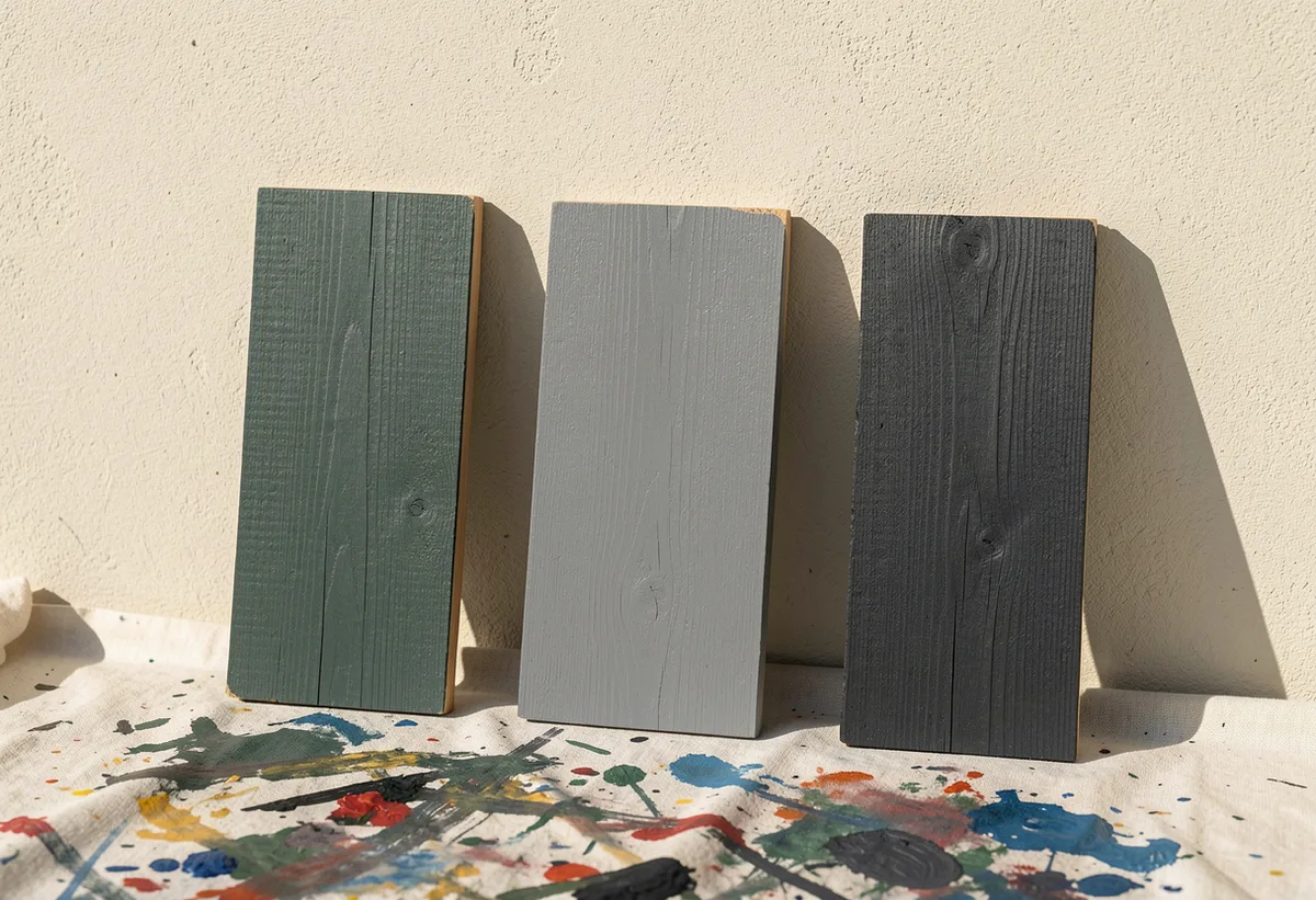 Three weatherboard offcuts painted grey-green, mid grey and charcoal against a rendered wall.