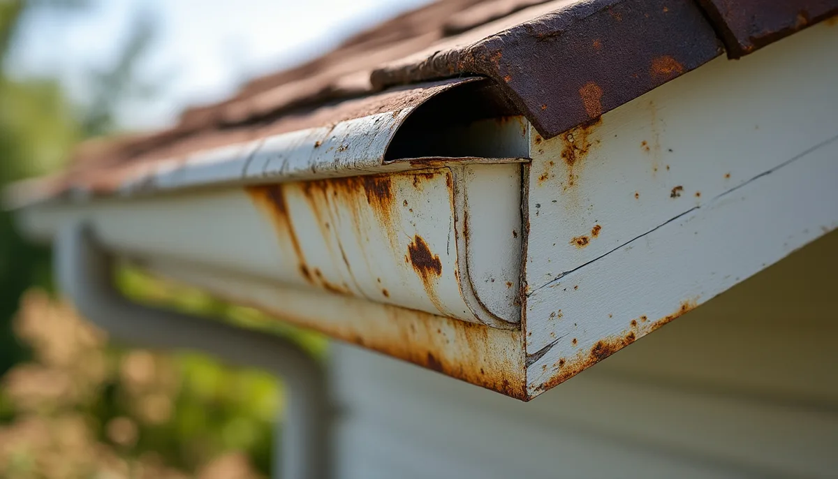 Close-up of surface rust spots on an old gutter section before treatment, natural daylight, no people or tools in frame.