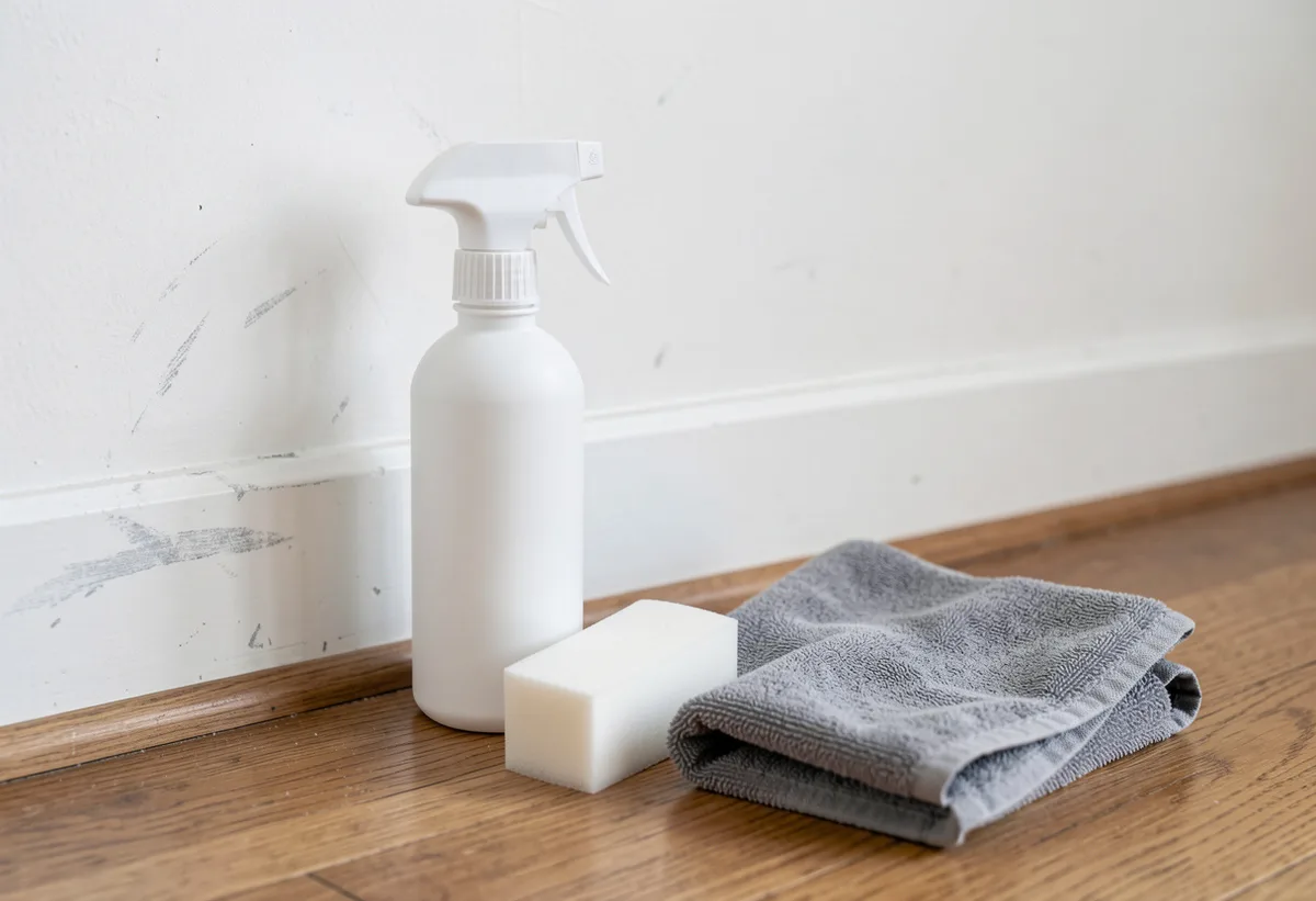 Plain spray bottle, melamine eraser sponge and microfibre cloth beside a scuffed white wall.