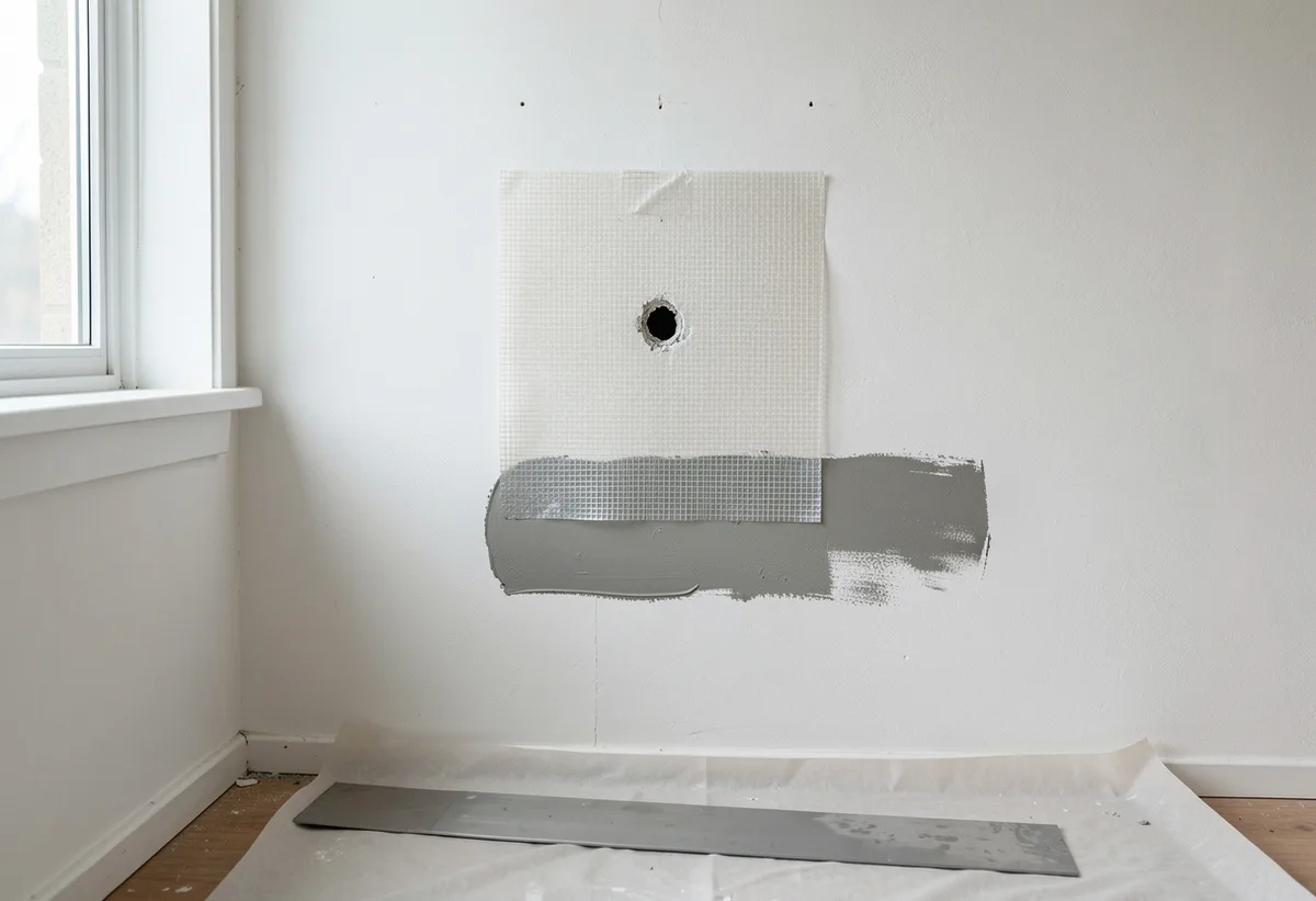 Fibreglass mesh patch over a wall hole with the first coat of joint compound applied.
