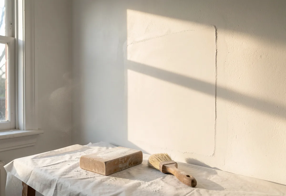 Smoothly sanded plaster patch on a wall ready for priming, with sanding block resting nearby.