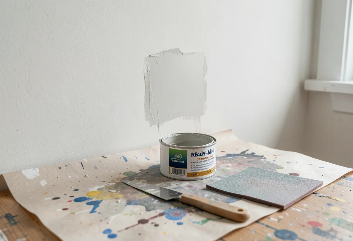 Filler, putty knife and sandpaper resting below a filled and sanded paint chip on an interior wall.