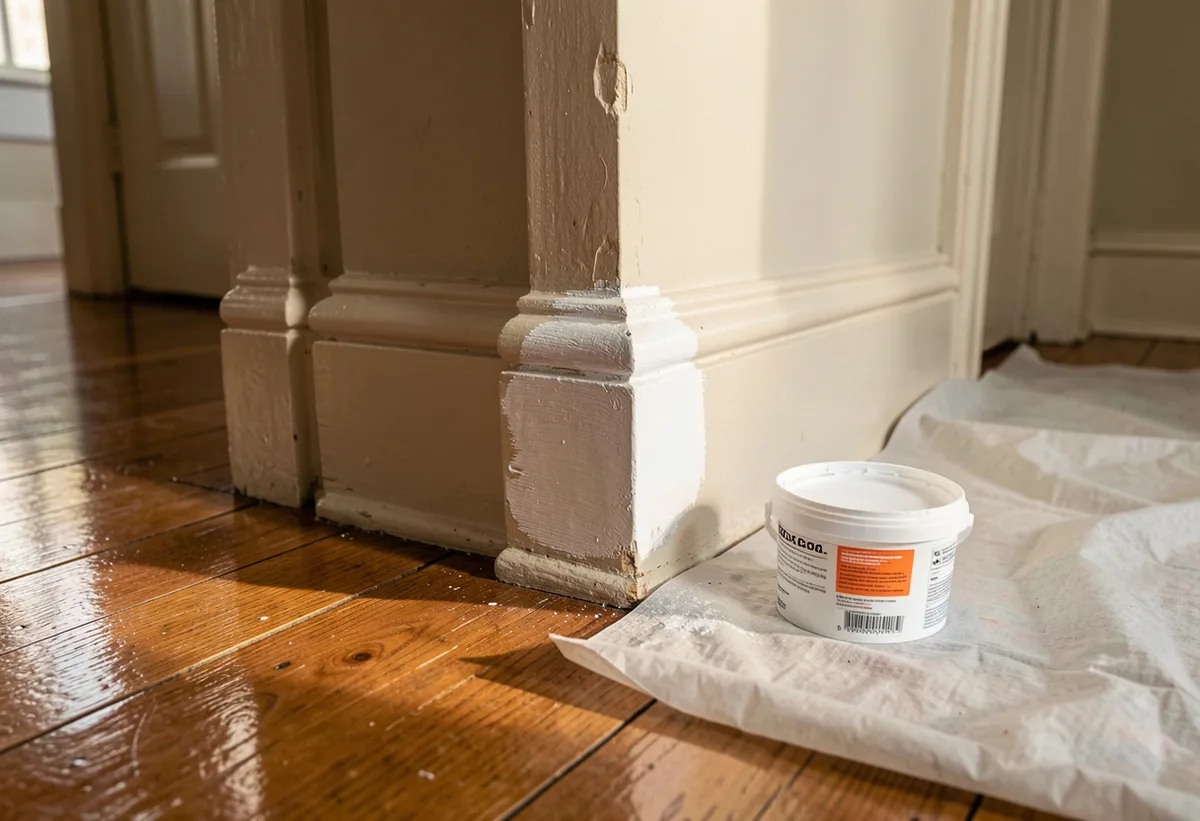 Fresh white touch-up paint drying on a skirting board corner with a sample pot beside it.