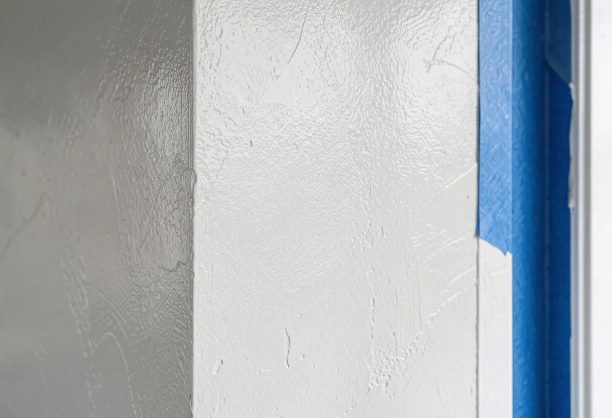 Extreme close-up of a freshly rolled low-sheen white wall with even stipple texture and a taped architrave.