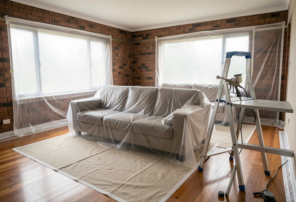 Living room interior fully masked with plastic sheeting and tape ready for spray painting.