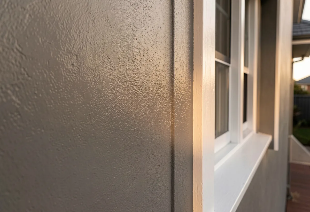 Close-up of mid warm grey painted render meeting a white window reveal.