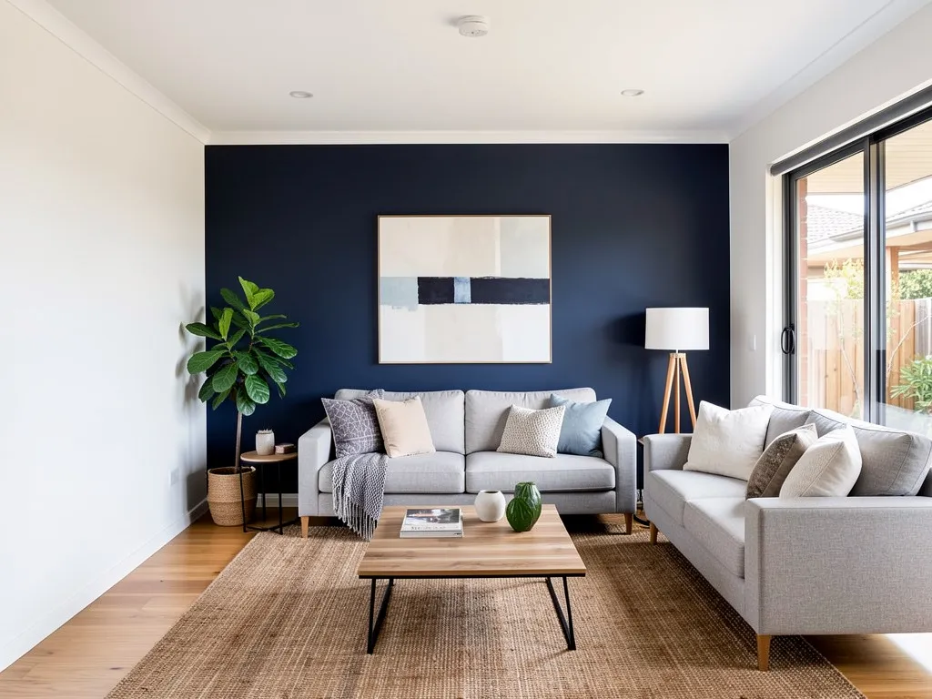 Modern Melbourne living room with navy Dulux feature wall painted by Modernize Solutions