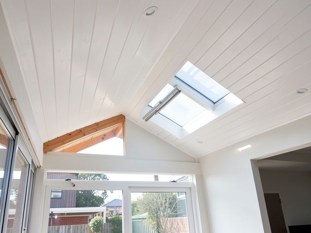 White painted raked ceiling with skylight in a Melbourne home extension by Modernize Solutions