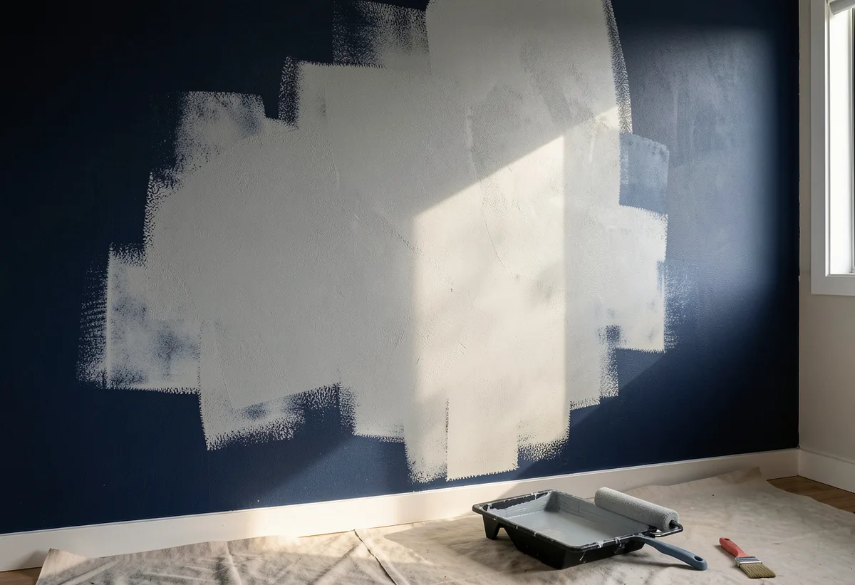 A deep navy bedroom wall half covered with a single coat of pale grey undercoat, the dark colour showing through in patches.
