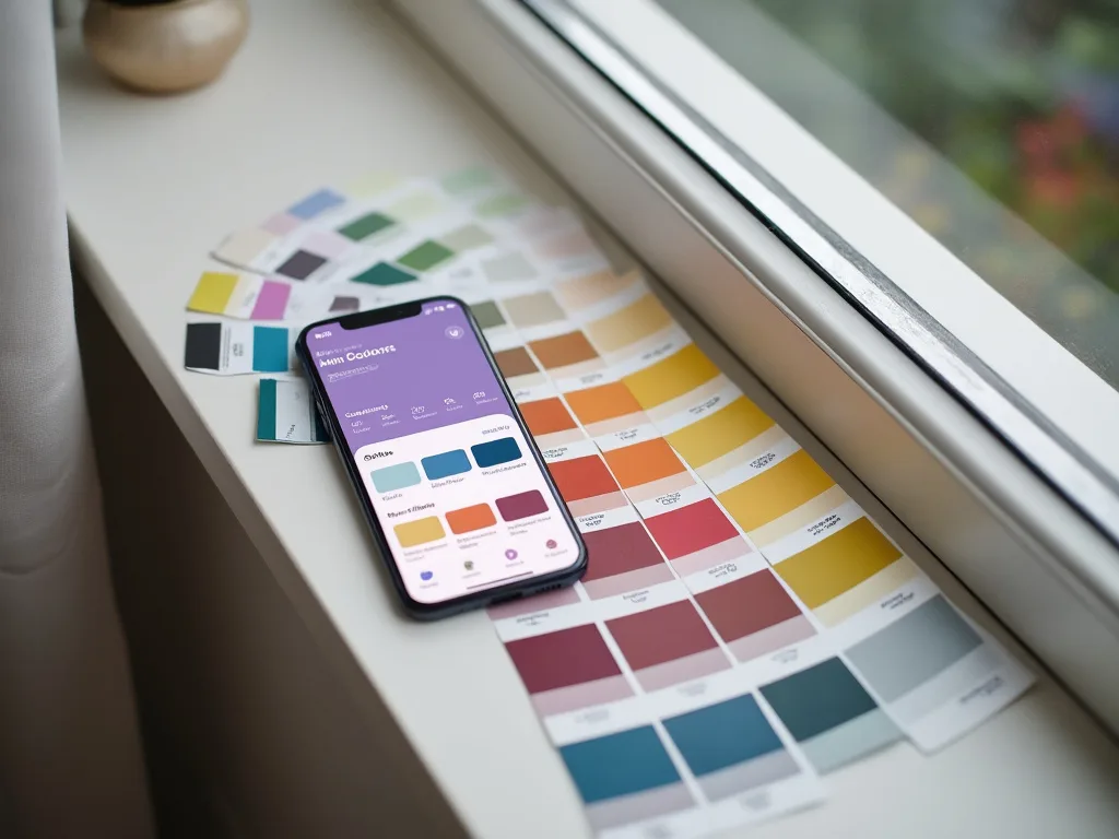 A paint colour swatch card and a smartphone colour-matching app resting on a windowsill.