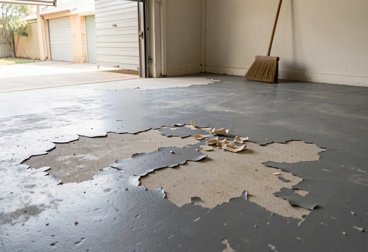 Concrete garage floor with old grey paint flaking away in patches exposing bare concrete.