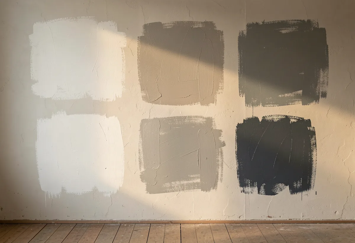 Painted sample swatch squares in whites, greys and charcoal on a plaster wall with a sample pot on the floorboards.