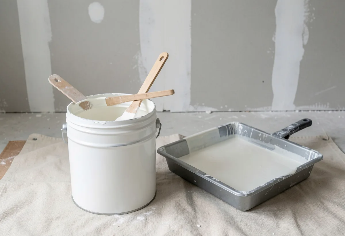 An open tin of white low sheen paint and a clean roller tray on a drop sheet in a new build room with bare plasterboard walls.