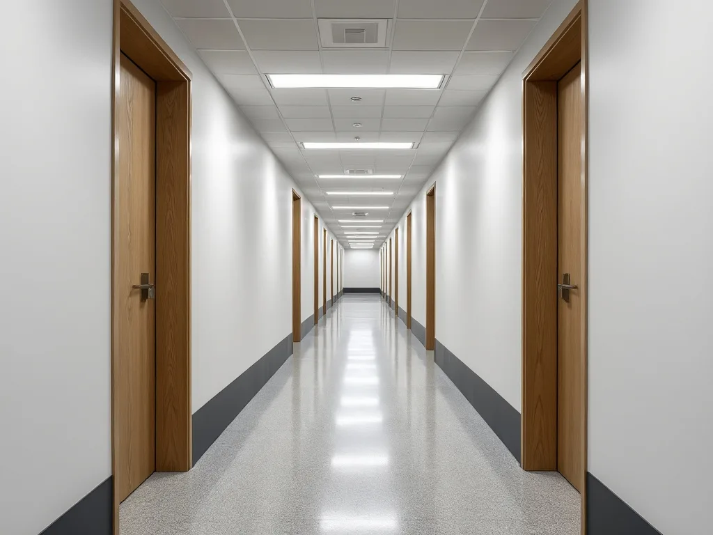A freshly painted commercial corridor in a Melbourne office building, crisp white walls and even ceiling lighting.