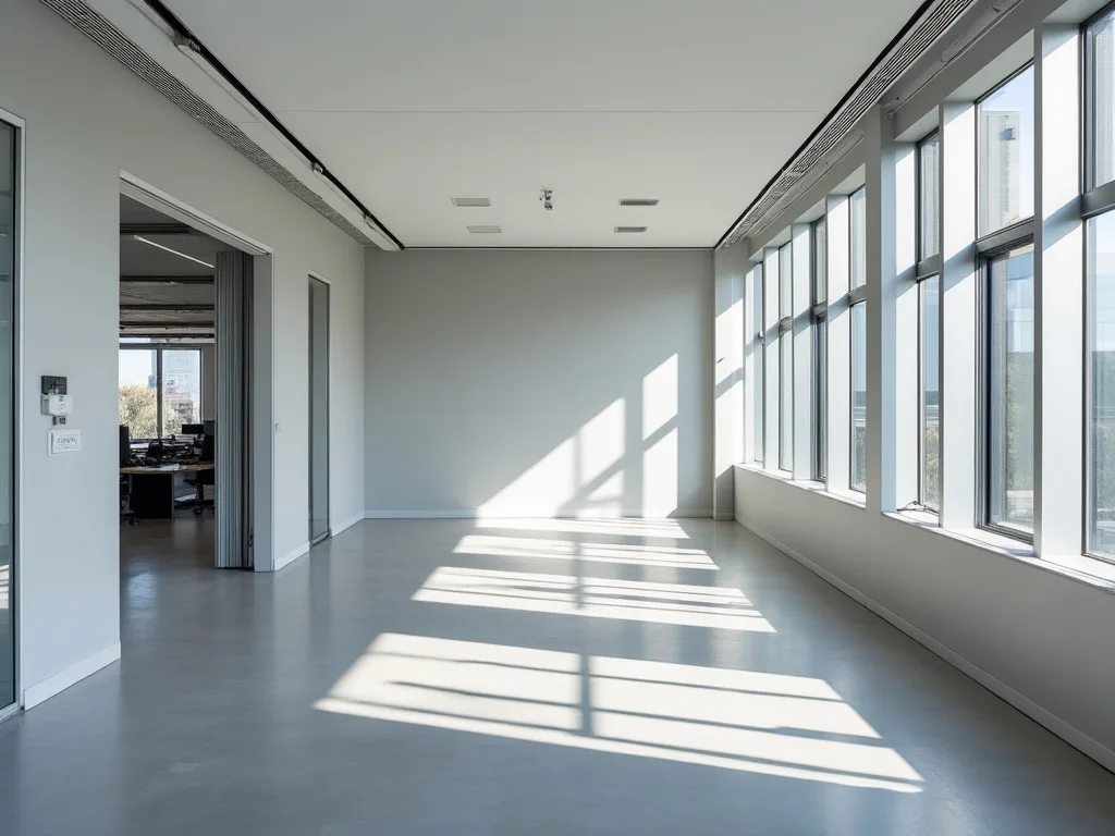 A freshly painted open-plan office interior in Melbourne, soft grey walls with natural light from floor-to-ceiling windows.