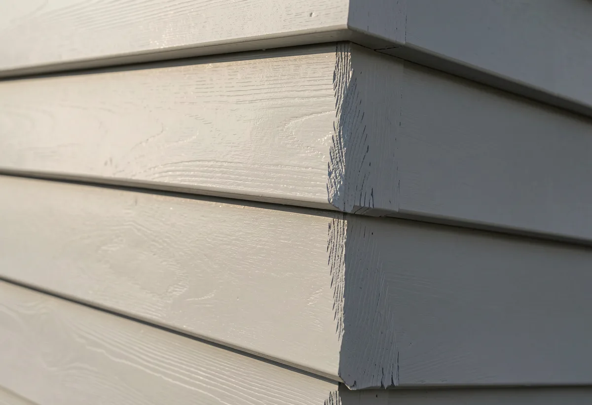 Close-up of freshly painted pale grey weatherboards with crisp shadow lines and a sanded feathered edge.