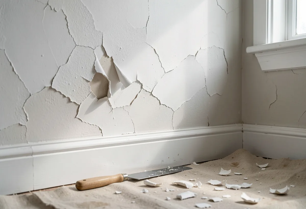 Close-up of dry paint flaking off an interior plaster wall with a filling knife resting against the skirting board.