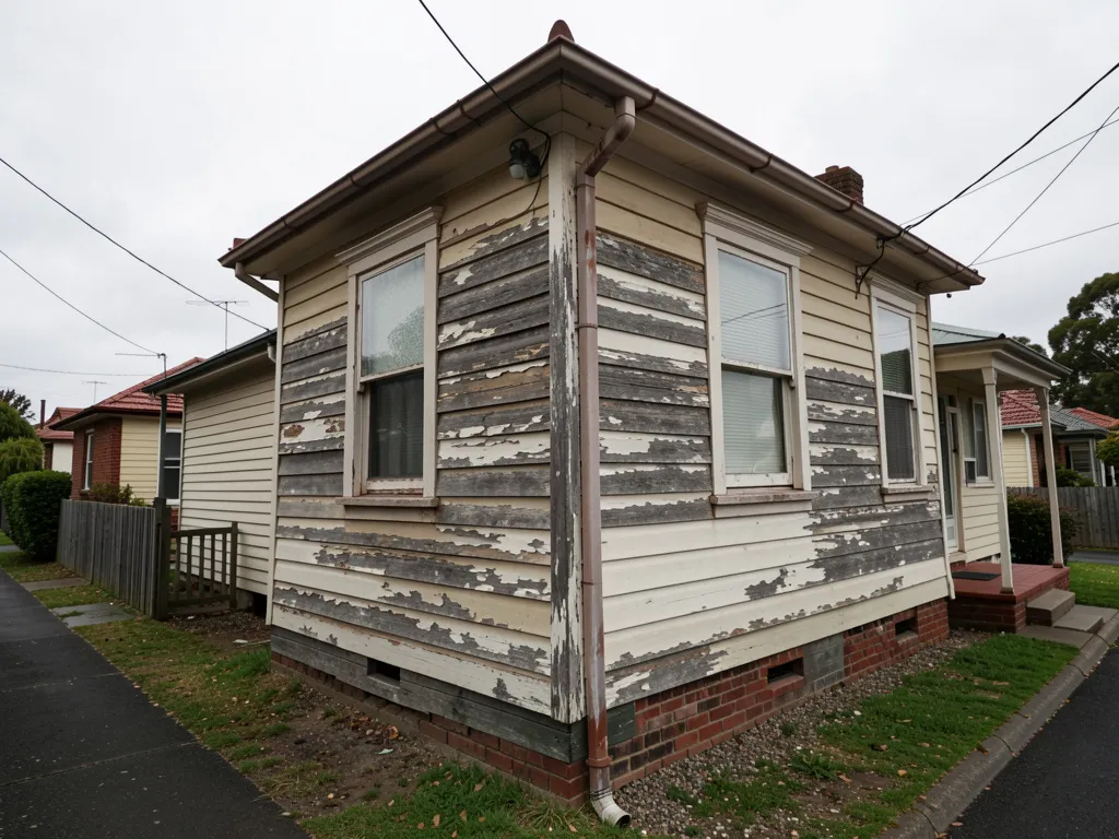Paint peeling and flaking off the weatherboards of an older Melbourne home, timber showing through where the coating has let go.