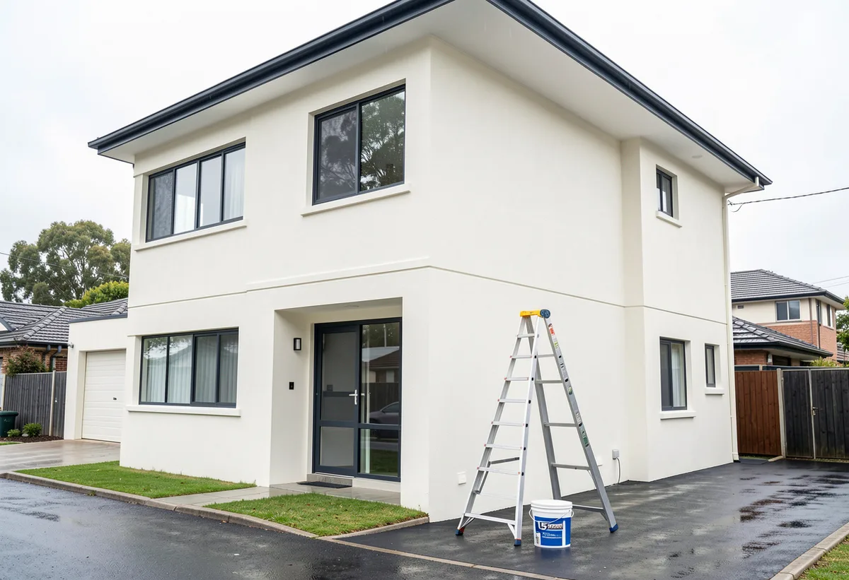 Freshly painted double-storey rendered house exterior in warm white on a Melbourne estate street