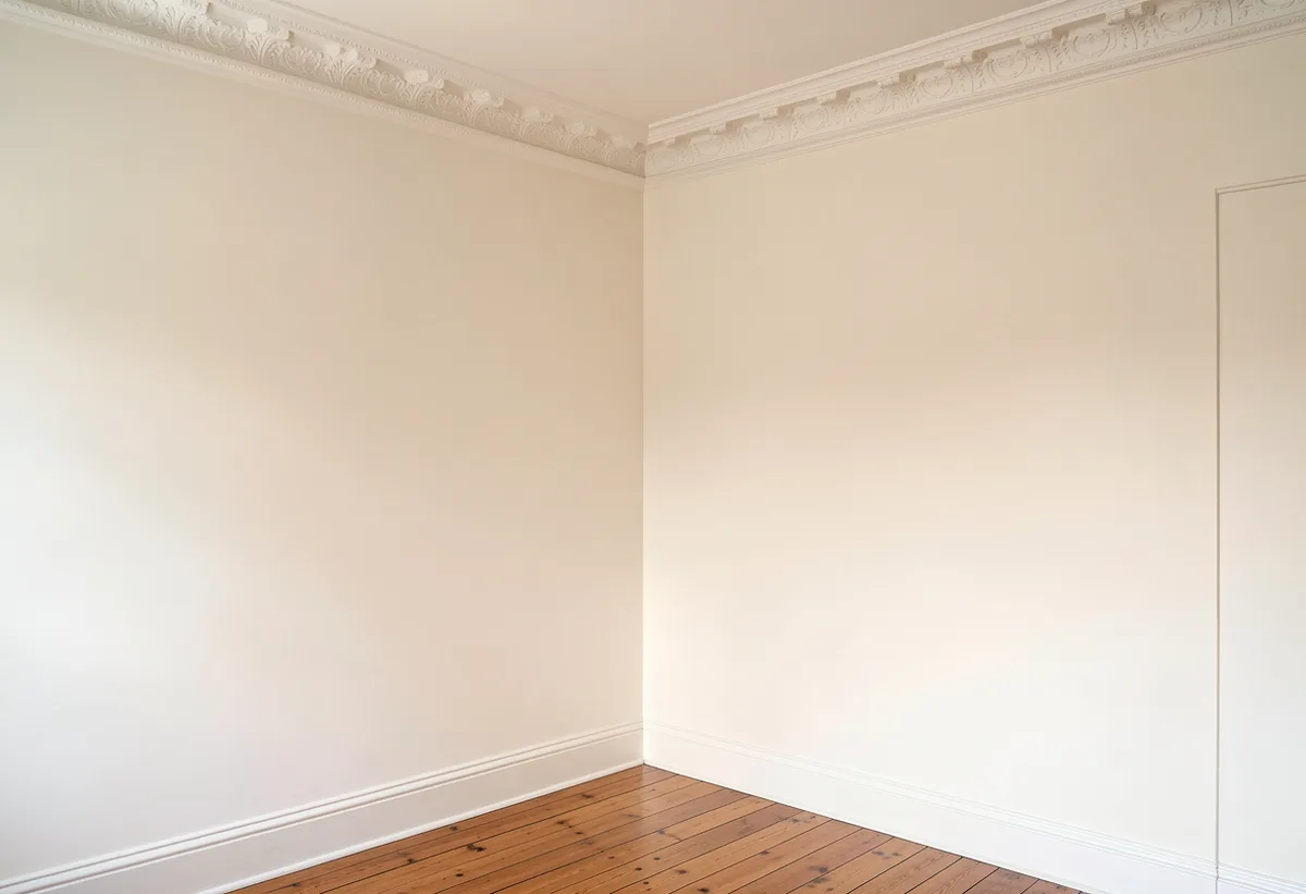 Freshly repainted smooth wall and ceiling corner in a renovated Melbourne period home with ornate cornice.