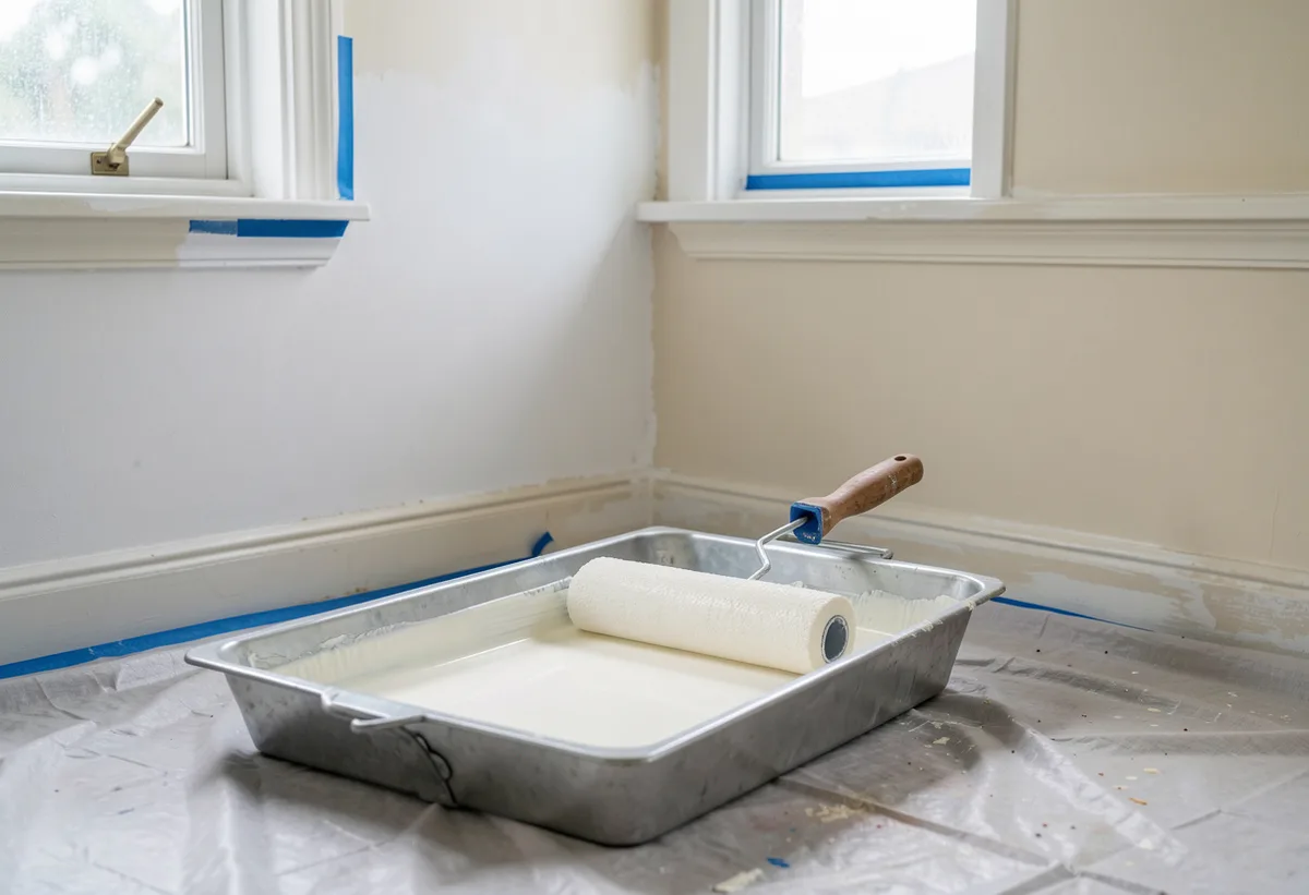 A roller resting in a tray of warm white paint in front of a half-painted interior wall with taped architraves.