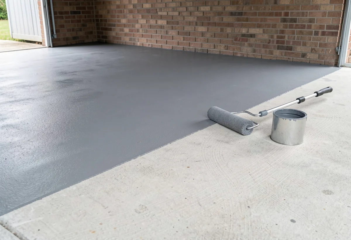 Concrete garage floor half coated in fresh grey paving paint, roller on a pole and paint tin resting on the unpainted half.