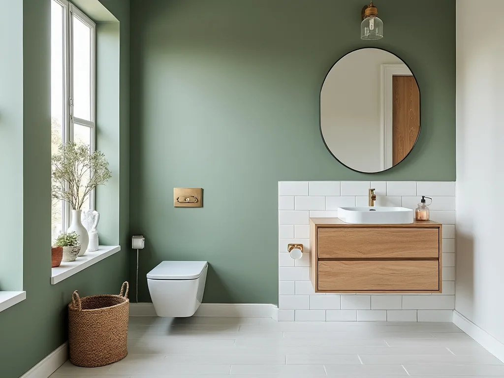 A small sage green painted bathroom with white tile and timber vanity in a Melbourne home.
