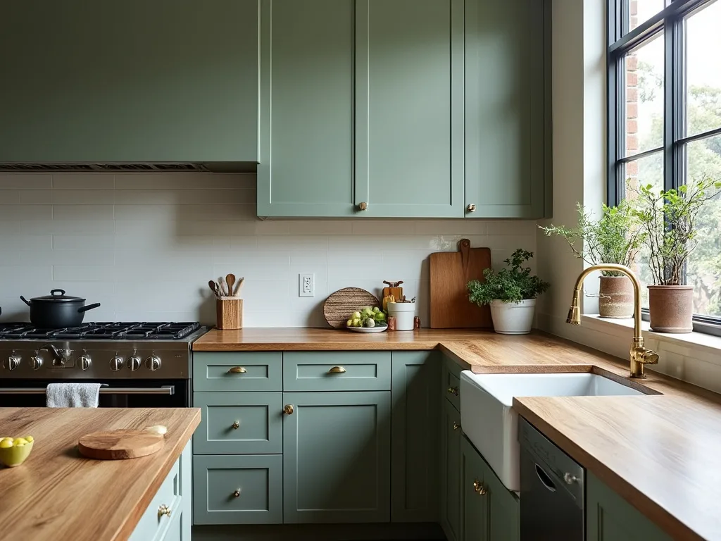 A sage green painted kitchen with timber benchtop and brass tapware in a Melbourne home.