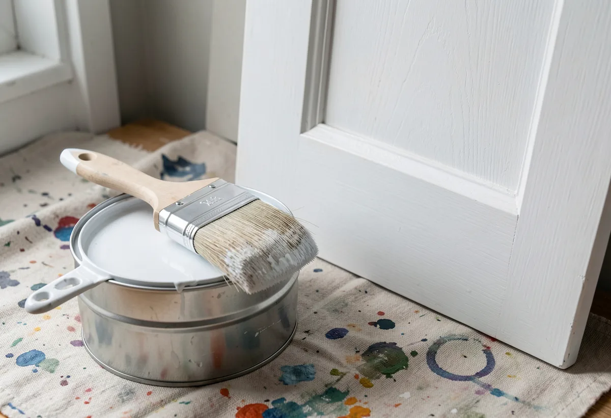 Angled sash cutting brush resting across a paint tin lid on a canvas drop sheet beside a freshly painted white panel door.