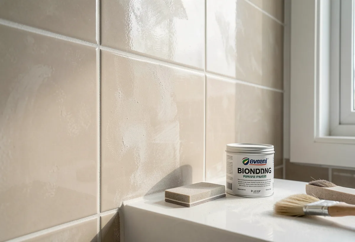 Glossy bathroom wall tiles part-way through prep, bonding primer patches on the glaze, sanding sponge and primer tub resting on the vanity edge.